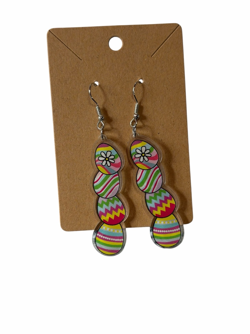Colorful Easter Egg Dangle Earrings - Floral Stripe Pattern